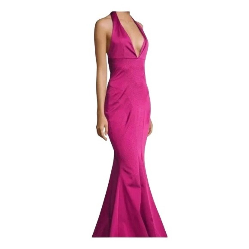 NWT $1599 Zac by Zac Posen Plunged Halter Gown Fuchsia Size 2